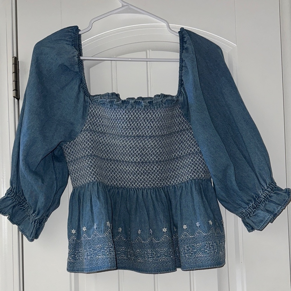American Eagle Outfitters Denim Blue Smocked Blouse